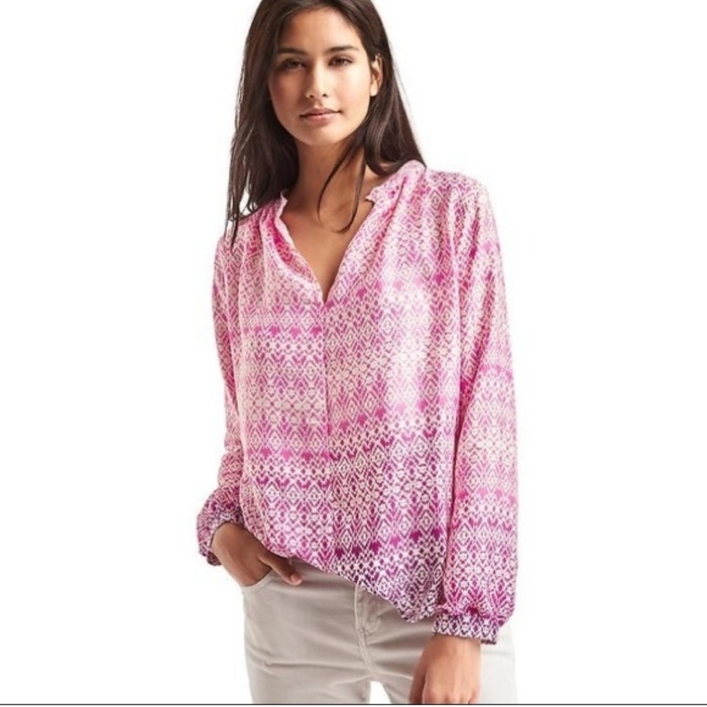 NWT Gap Silky Split Neck Ombre Geo Printed Blouse Pink & White Long Sleeve XL